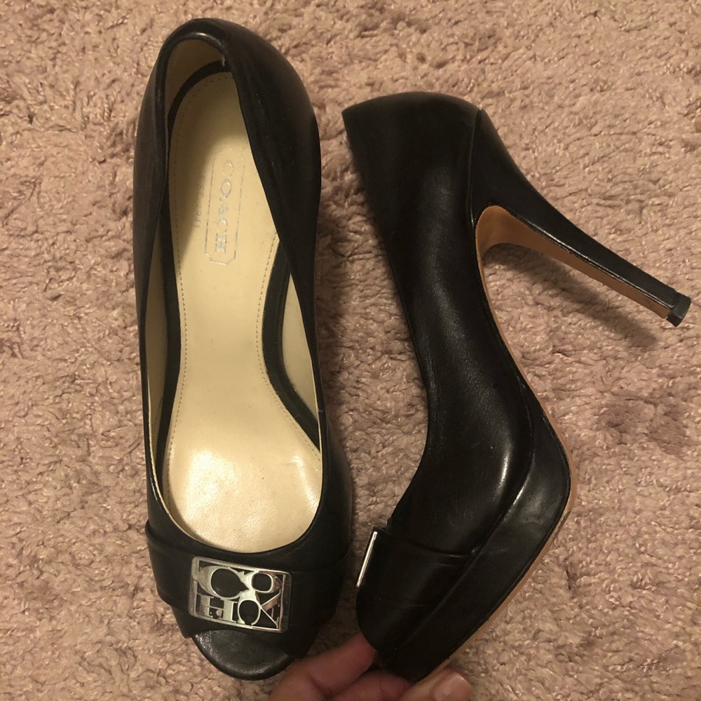 Black leather coach heels